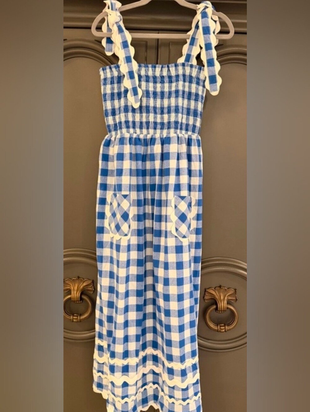 TRUSH SCULLY Blue White Gingham CHECKS Smocked Sundress Rick RACK Maxi Pockets M